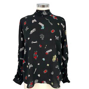 Zara High Neck Z1975 Floral Nature Animal Print Blouse Black Size Medium